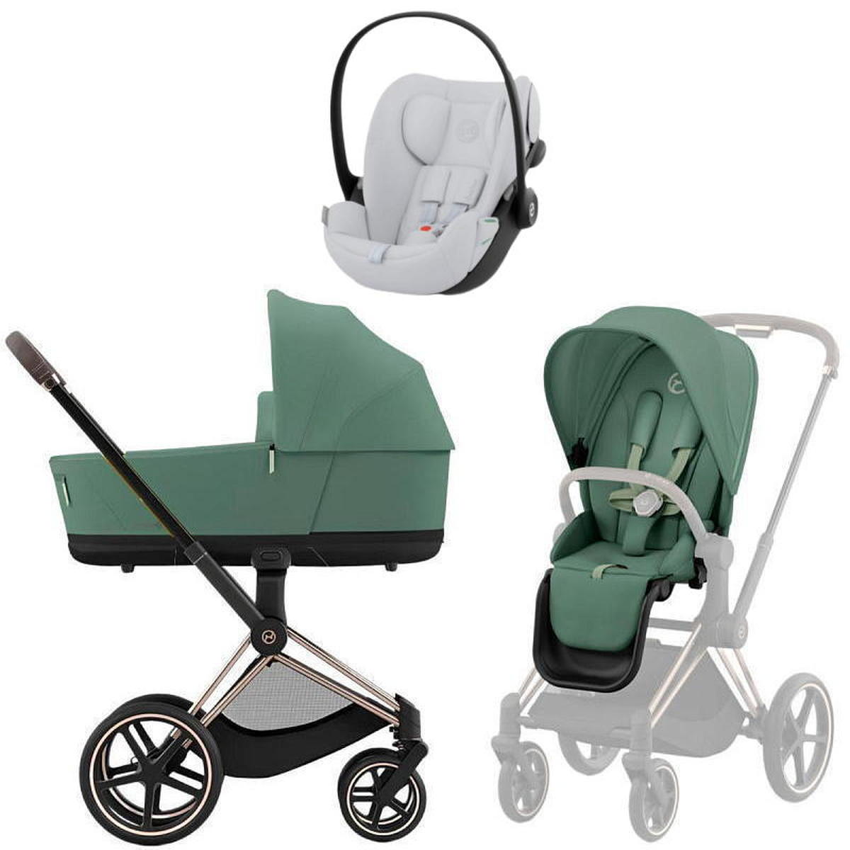 Коляска Cybex Priam IV Rosegold complete и автокресло Cloud G i-Size Fog Grey 3 в 1 Leaf Green