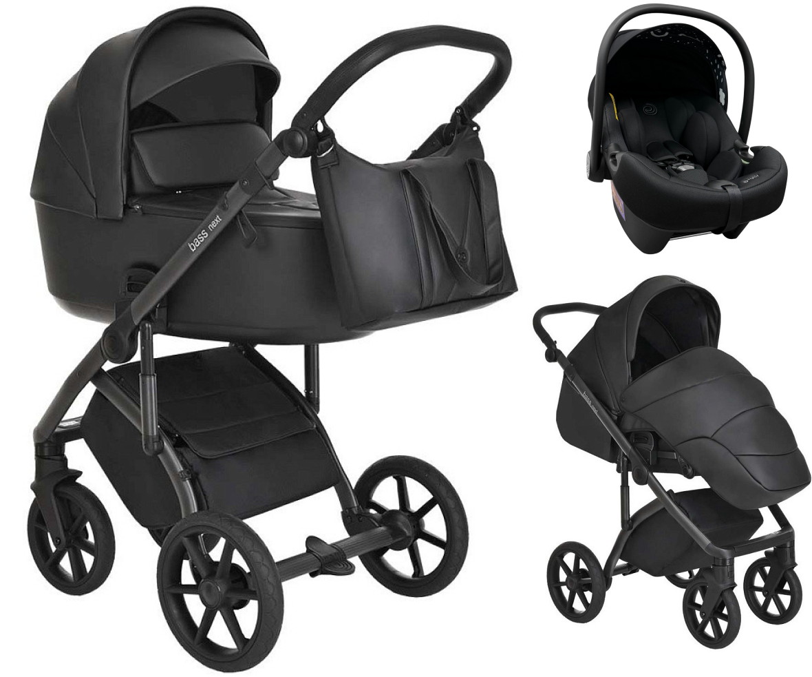 Детская коляска Roan Bass Next Кожа 3 в 1 с автокреслом Tutis Elo Lux EduSky Black RN088/1 Black/Black
