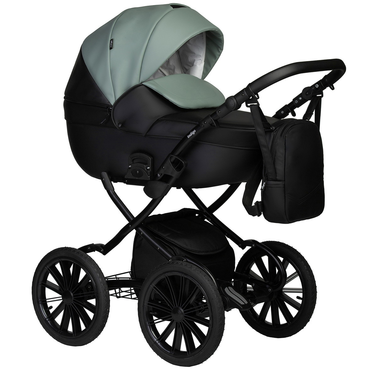 Детская коляска Indigo Mio Eco Plus 14 2 в 1 05 черная кожа+шалфей кожа