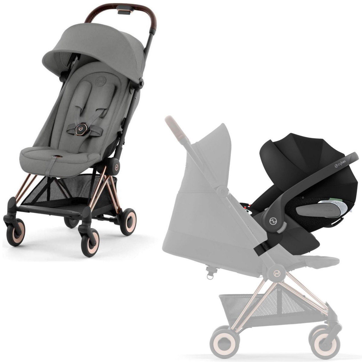 Коляска Cybex Coya Rosegold Frame Cloud T i-Size Sepia Black Mirage Grey с дождевиком и бампером