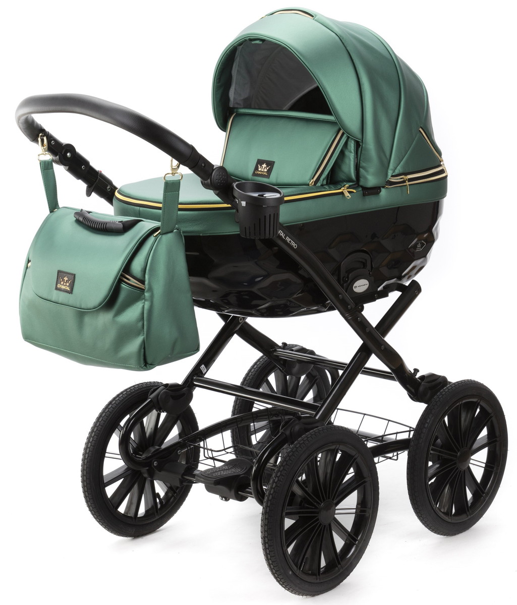Детская коляска Adamex Chantal Retro Deluxe 2 в 1 C105B  (ИЗУМРДНАЯ 100% КОЖА-ЗОЛОТЫЕ МОЛНИИ)