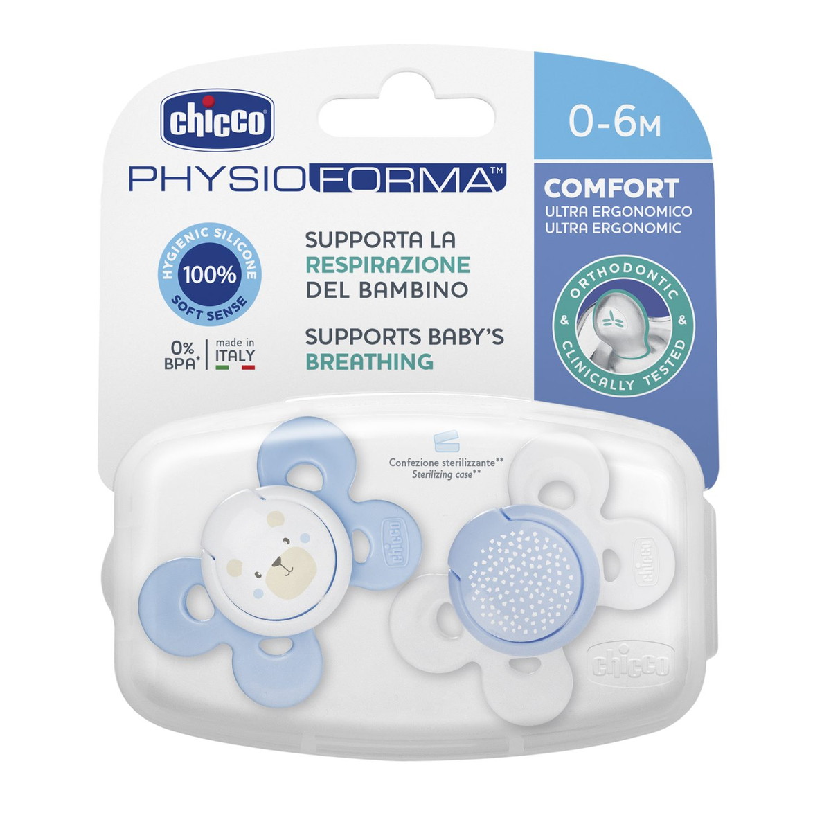 Пустышка Chicco Physio Comfort силиконовая, 0-6 м, 2 шт голубой