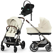 Коляска Cybex Balios S Lux TPE complete Aton S2 Moon Black Base One 4 в 1 Seashell Beige с дождевиками