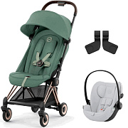 Коляска Cybex Coya Rosegold Frame Cloud G i-Size Fog Grey Leaf Green с дождевиком и бампером