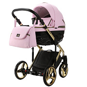 Детская коляска Adamex Chantal Special Edition Deluxe 2 в 1 C132-B (РОЗОВ.ЗЕФИР.КОЖА/ ЧЕРН.РИФЛЕН. ДНО + ЗОЛОТ РАМА)
